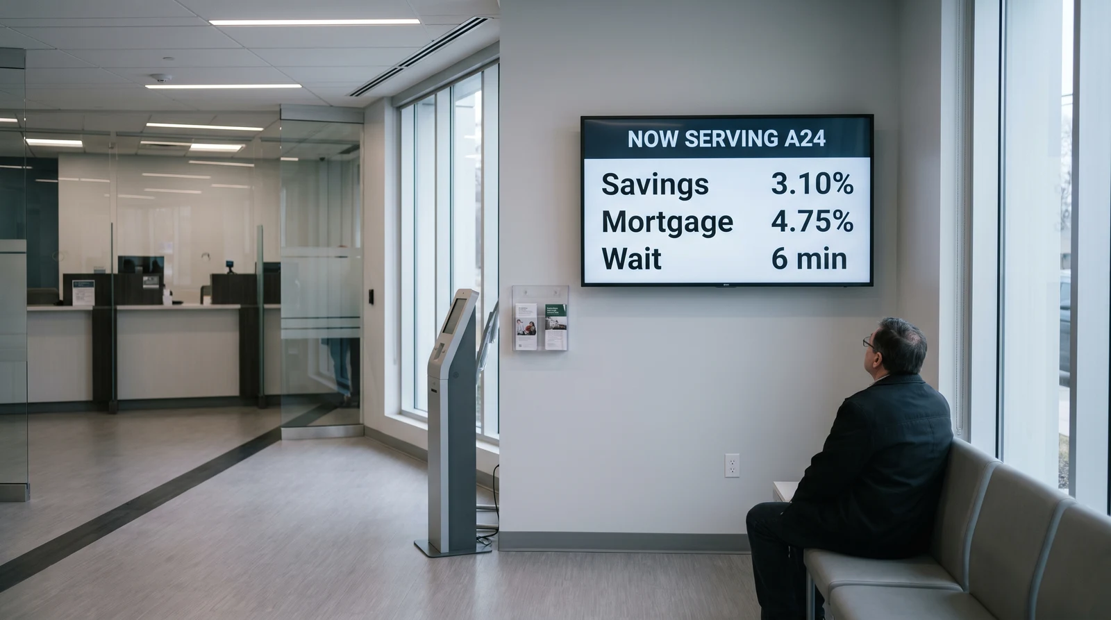 Bank branch waiting area with digital screen showing the queue number now serving alongside savings and mortgage rates