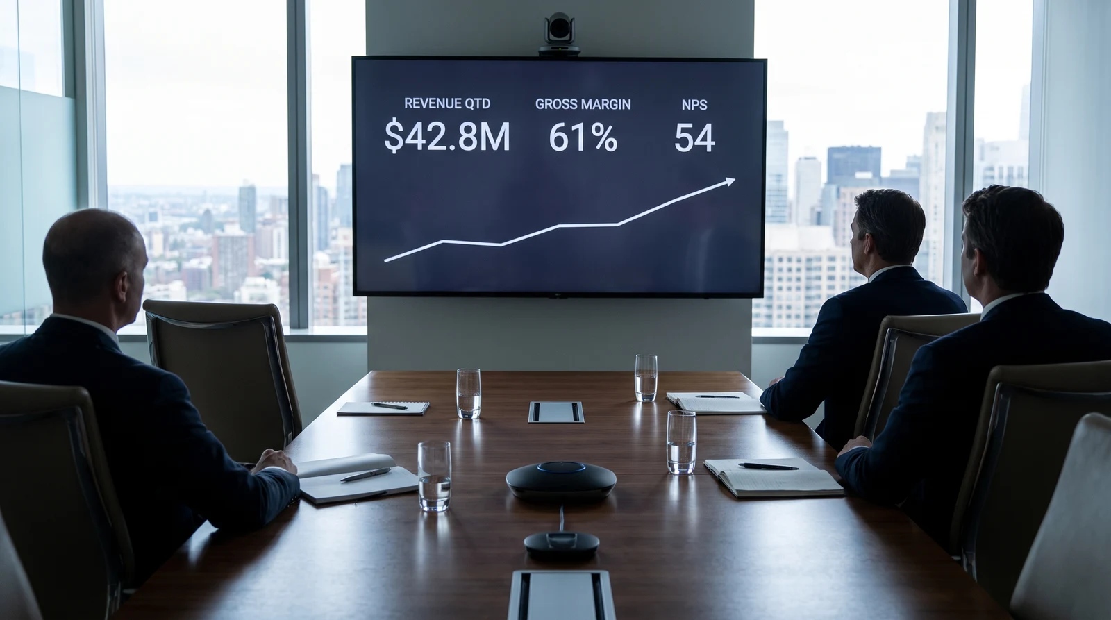 Boardroom screen showing quarterly revenue, gross margin and NPS figures with a rising trend line