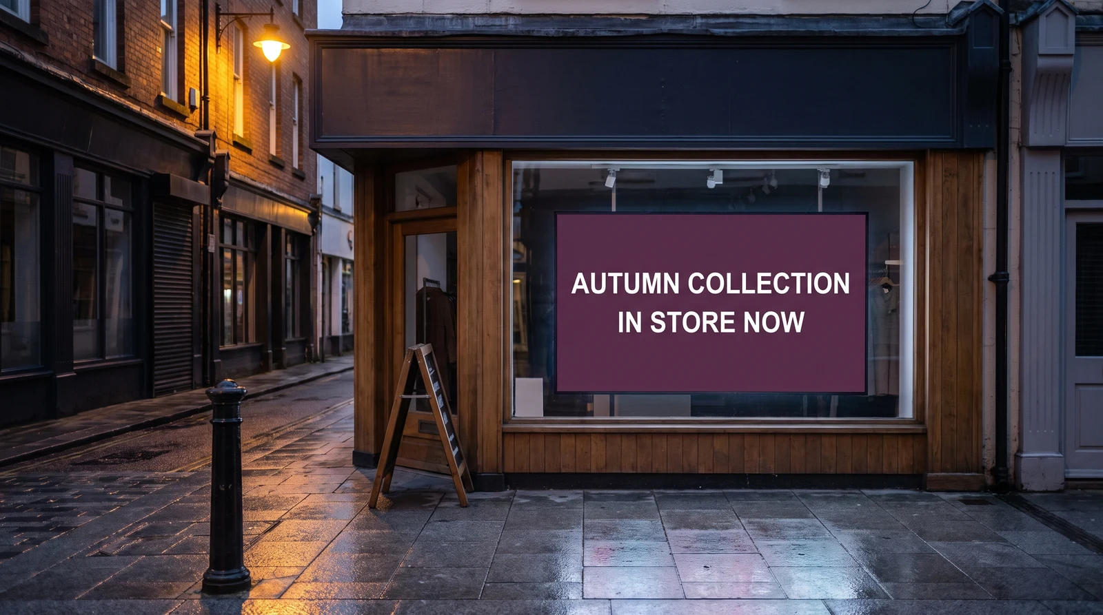 Independent shopfront at dusk with a bright digital window screen showing a seasonal collection campaign