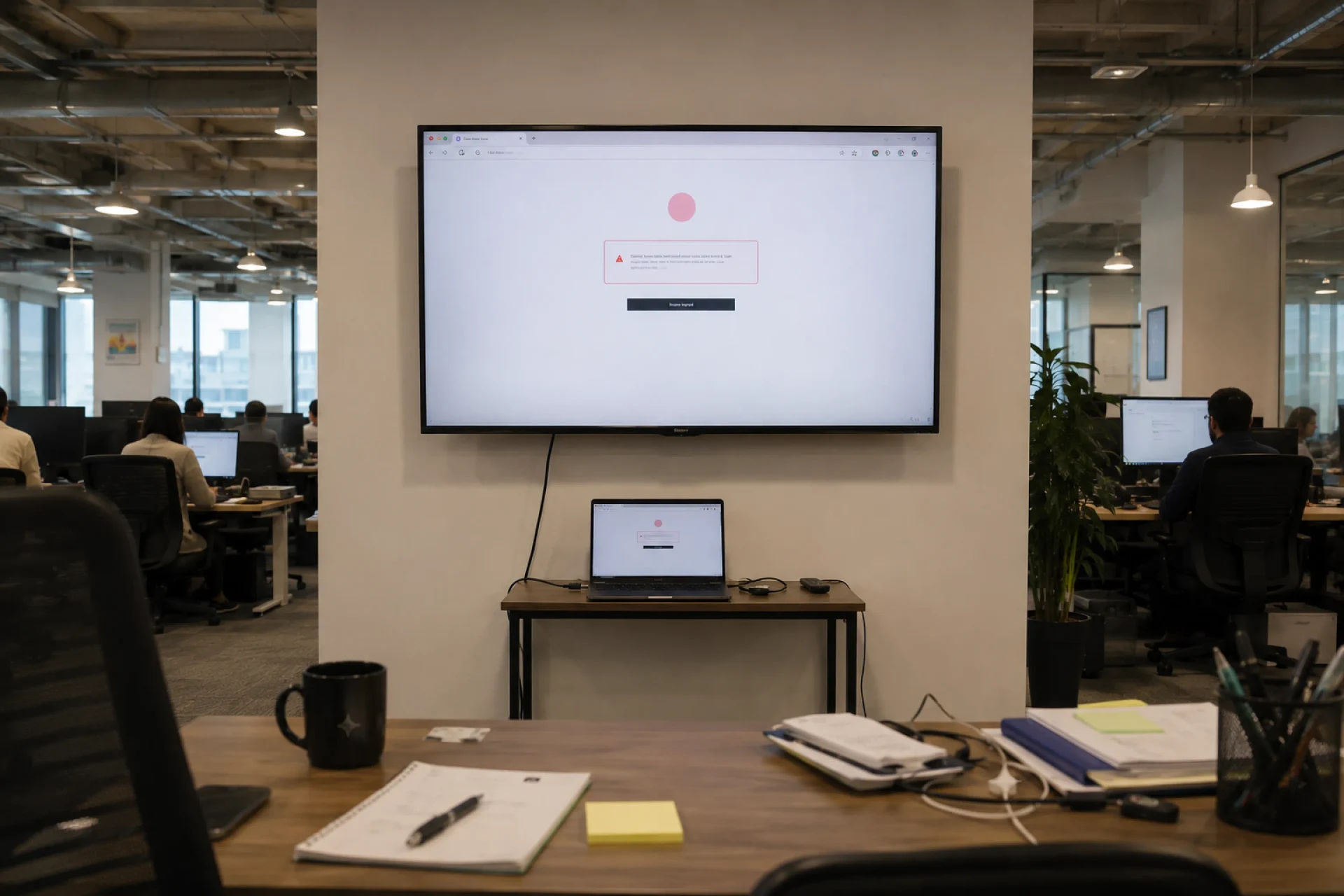 Office TV showing a broken browser session next to a laptop tethered to the display, illustrating the fragility of laptop-driven dashboards