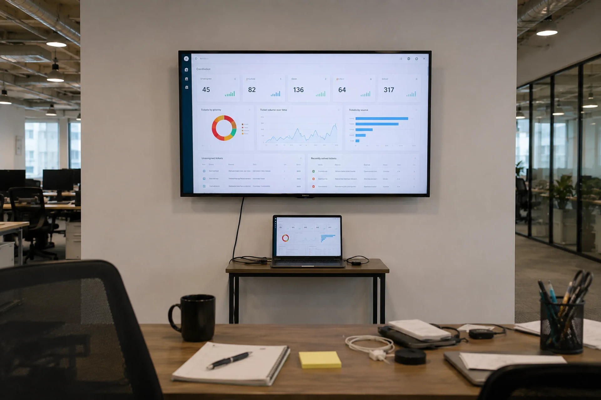 TV-mounted dashboard above an office desk with a laptop wired in to drive it — the classic laptop-tethered-to-TV setup SAP Analytics dashboards default to