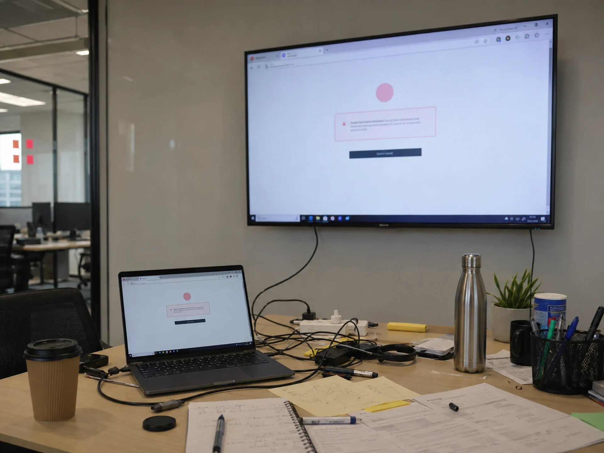 Office desk with a laptop tethered to a wall TV that has dropped to a login screen — a stalled signage setup