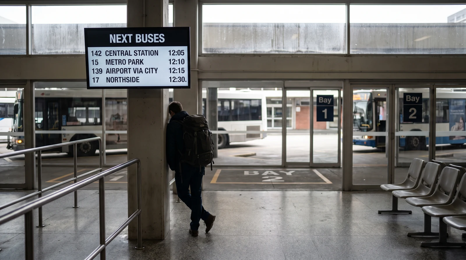 Bus stop digital signage showing a live timetable board at a bus interchange