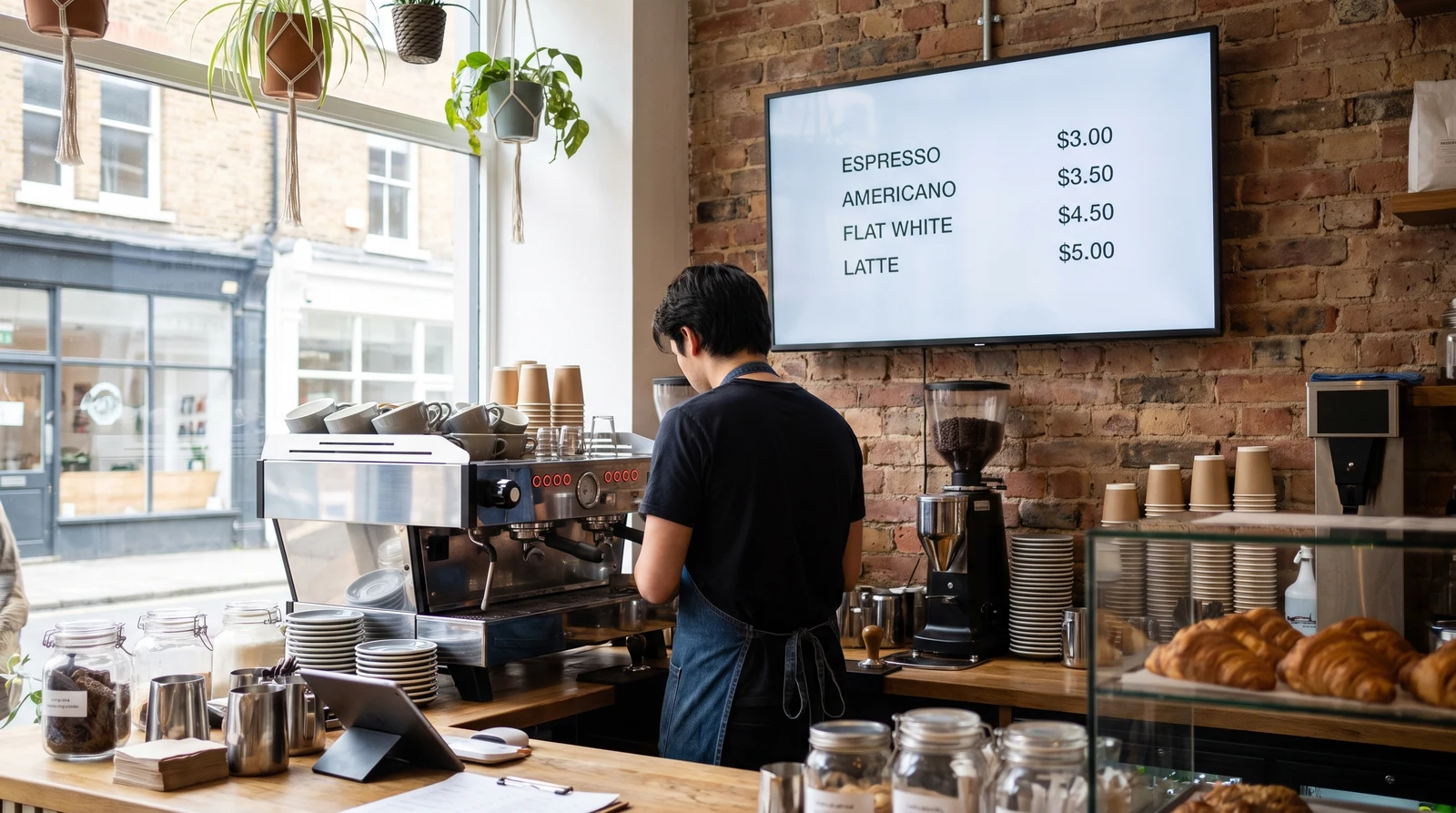 Coffee shop espresso bar with a digital menu board showing drink names and prices