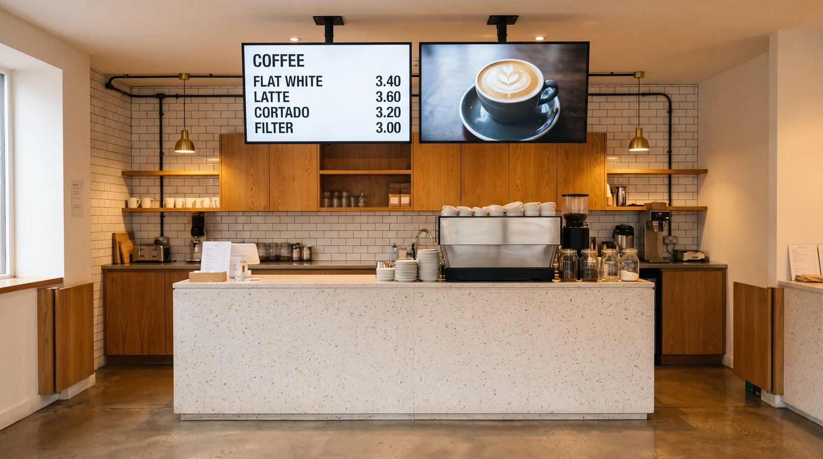 Independent coffee shop counter with two ceiling-mounted digital menu boards showing coffee drinks and prices