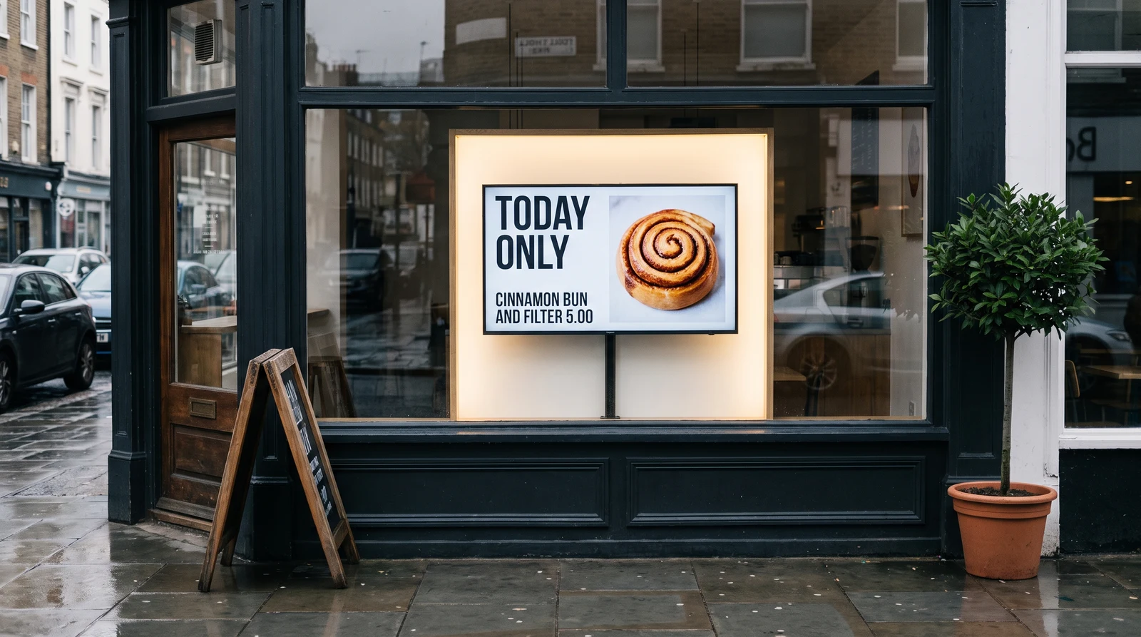 Coffee-shop window screen showing the day's specials on digital signage