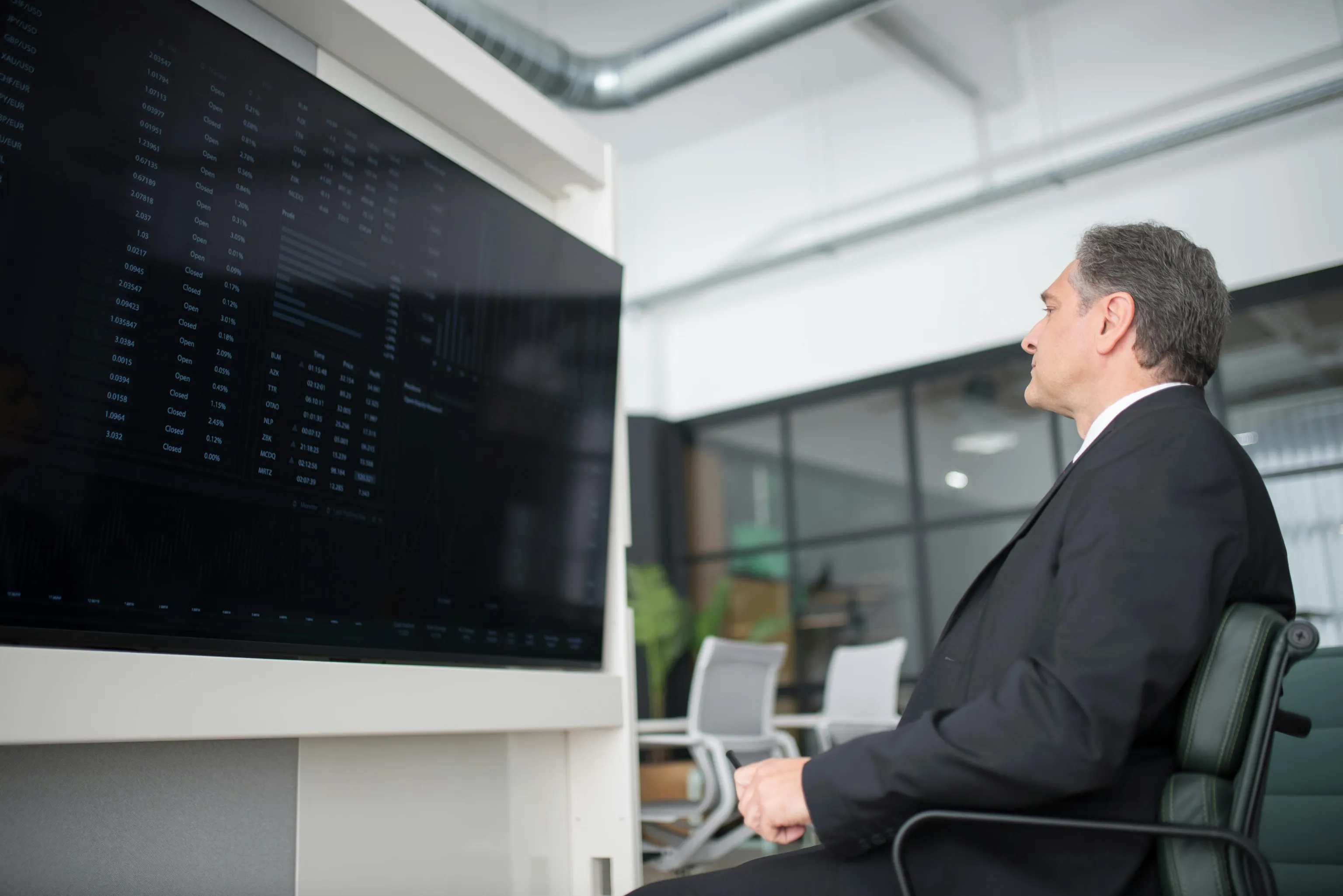 Executive reviewing a markets and KPI dashboard on a wall TV in a leadership office