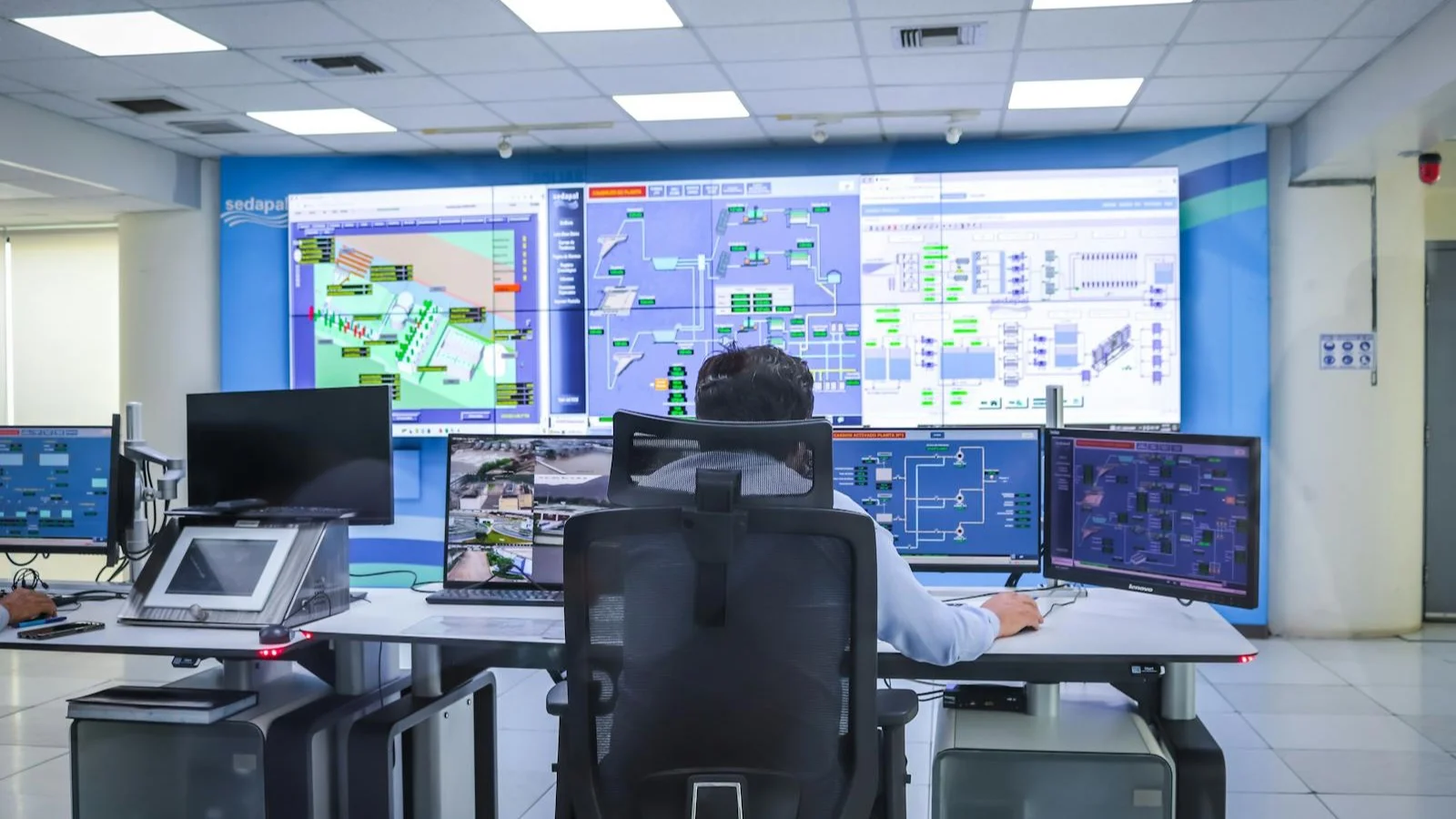 IT operations dashboard displayed on a wall-mounted screen showing system health and incident status