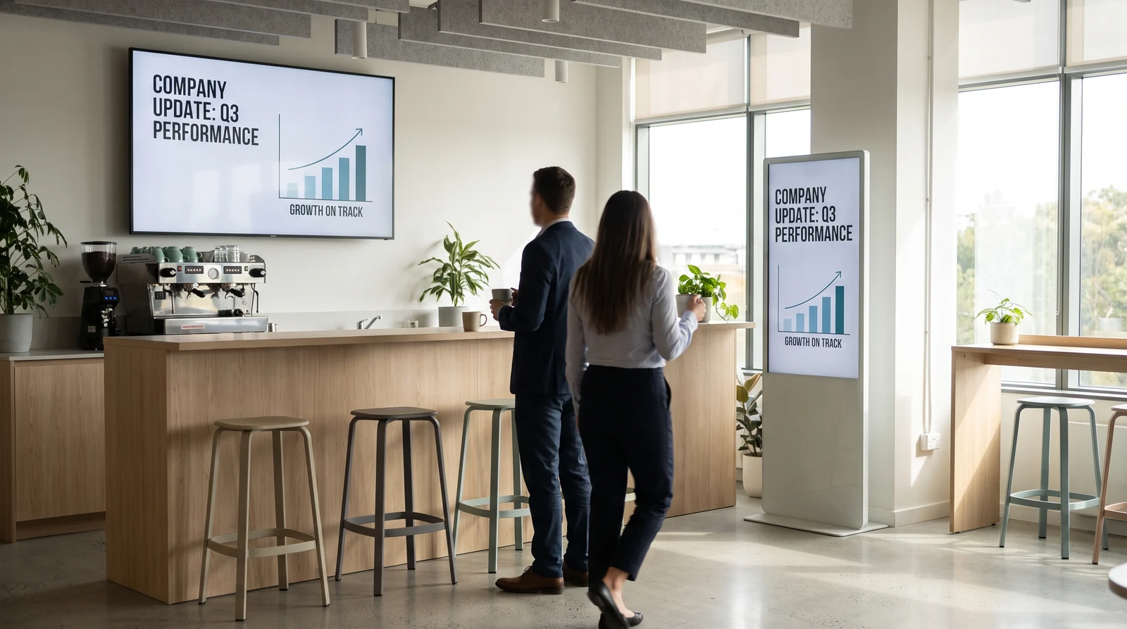 A wall screen and portrait totem showing the same company update, managed centrally across screens from the browser
