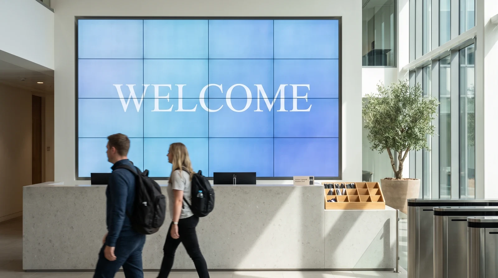 LG webOS Signage video wall behind a corporate reception desk showing a continuous welcome message