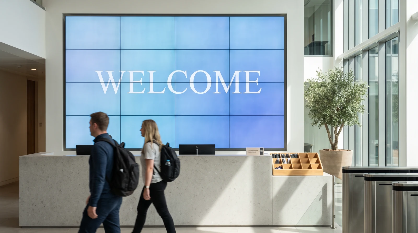A digital signage welcome template running on a lobby video wall in a corporate headquarters
