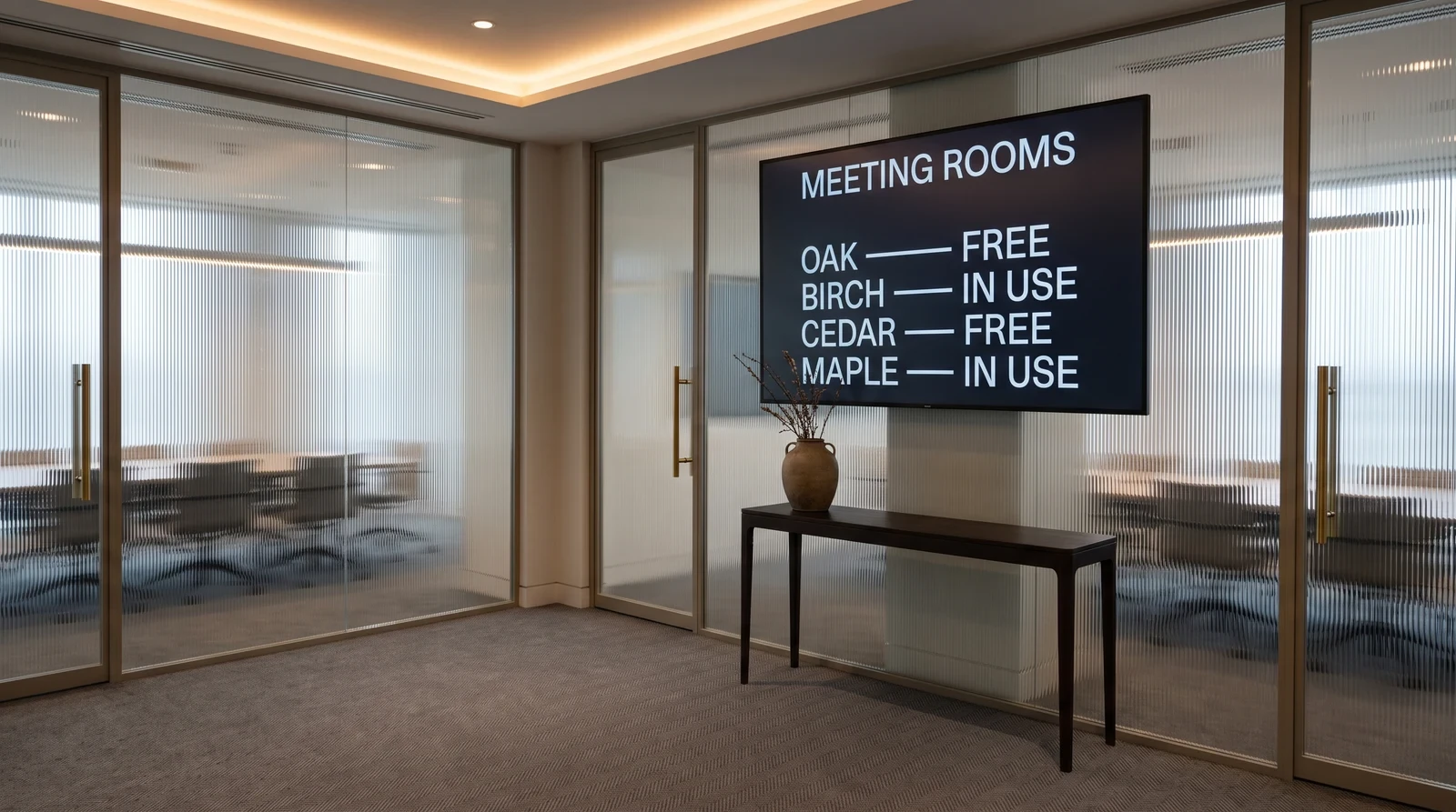 Premium corporate meeting suite with a Mac Mini-driven room availability board on the wall