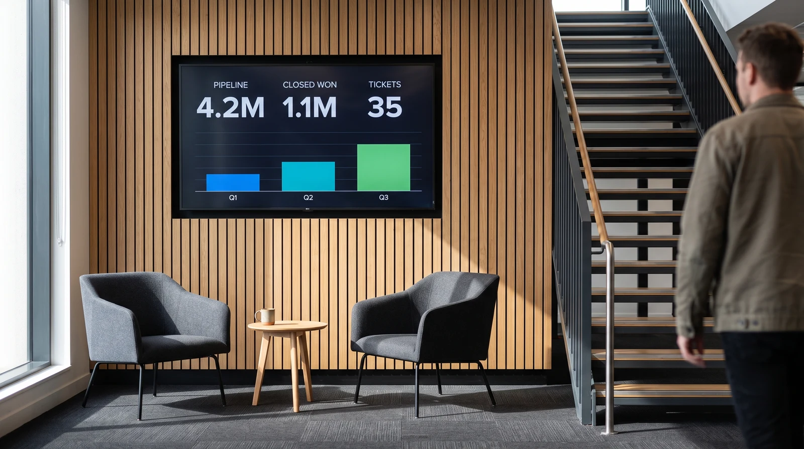 A small team’s live KPI spreadsheet displayed on a wall-mounted office screen