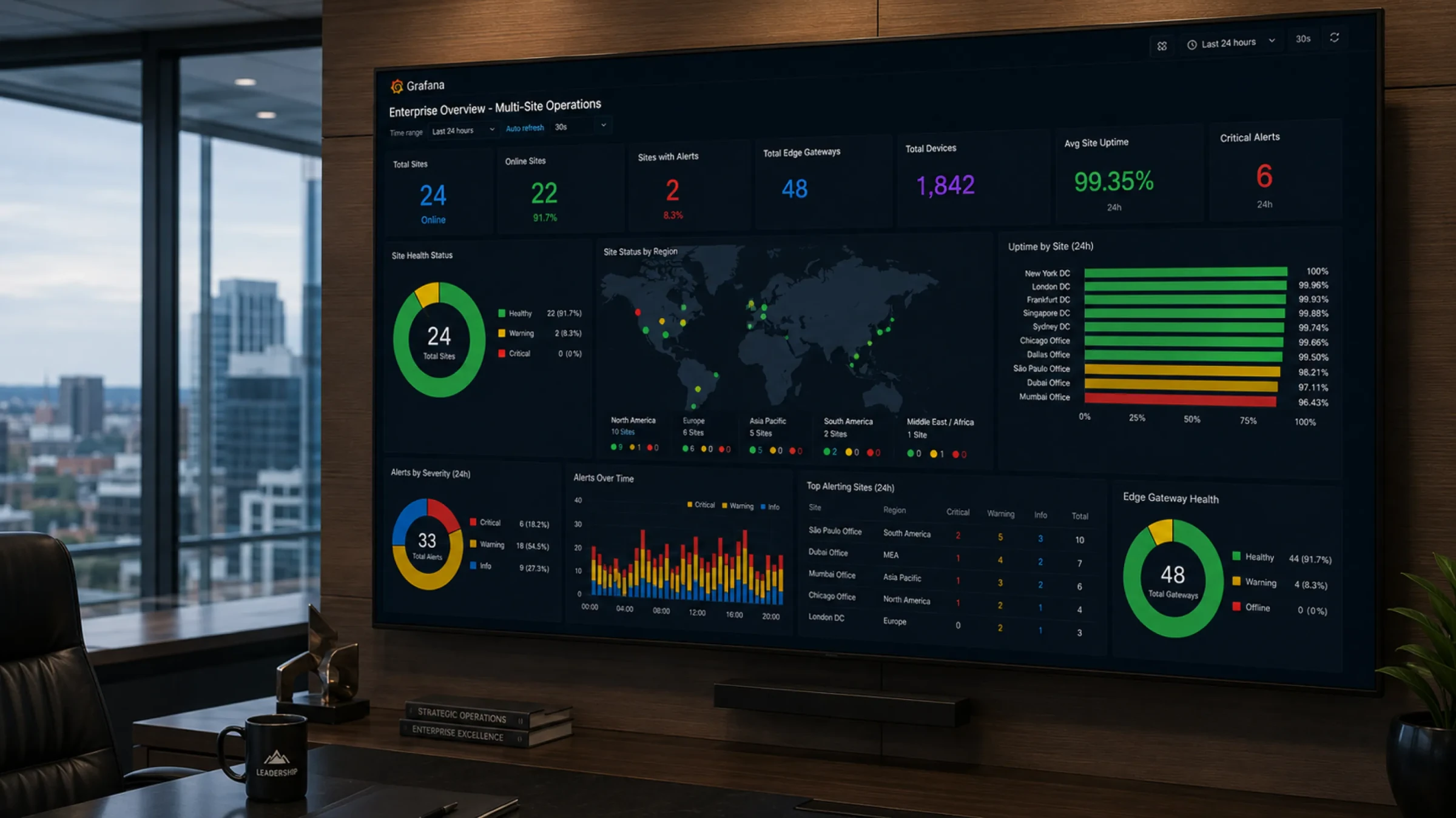 Corporate office TV dashboard showing a Grafana multi-site overview