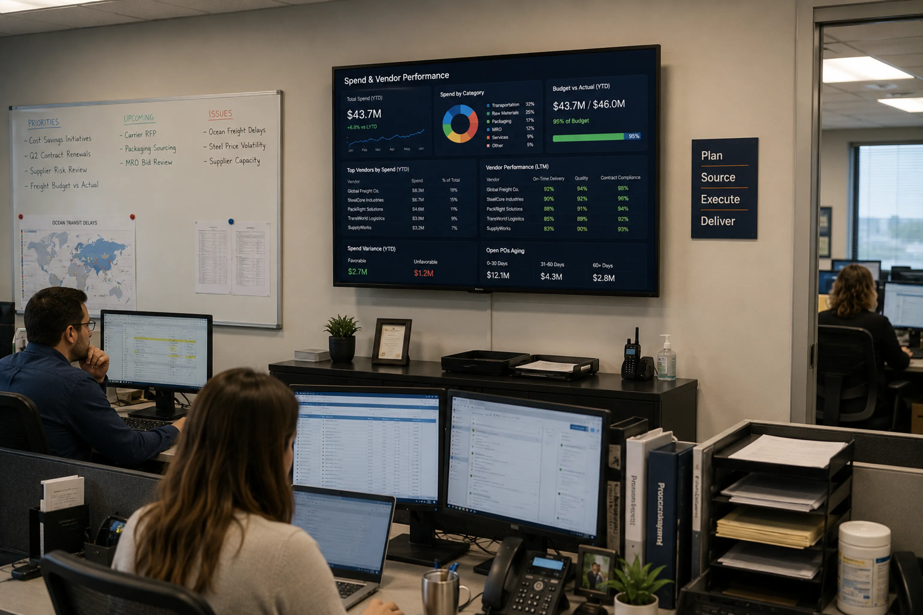 Corporate procurement team at an open-office desk row with a wall-mounted TV displaying spend and vendor performance dashboards