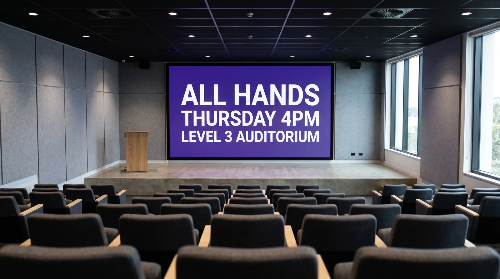 A wall-mounted screen playing a slide deck to a room, with the presentation running on its own