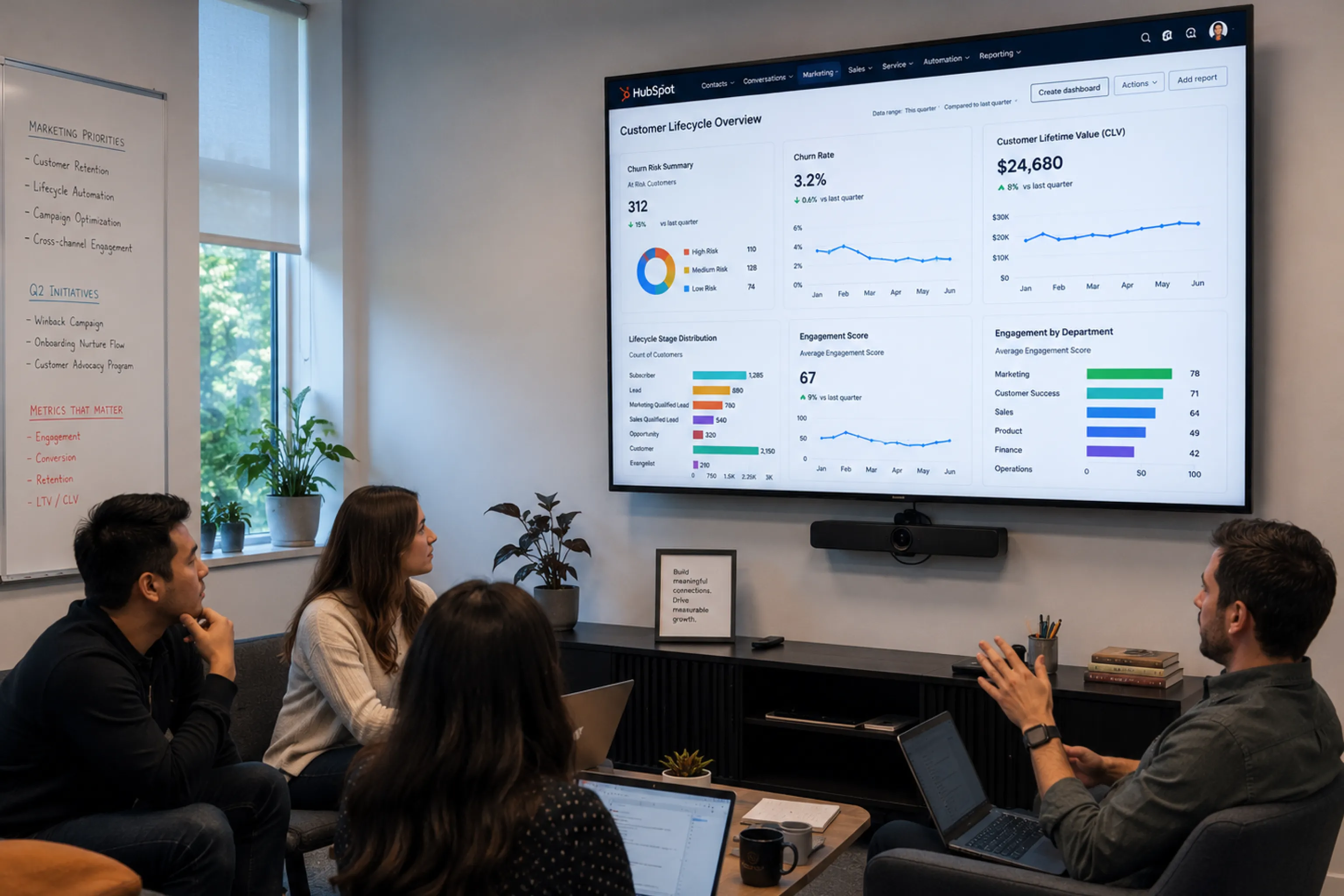 Customer success team in a lounge area reviewing a HubSpot customer lifecycle overview dashboard on a wall-mounted TV