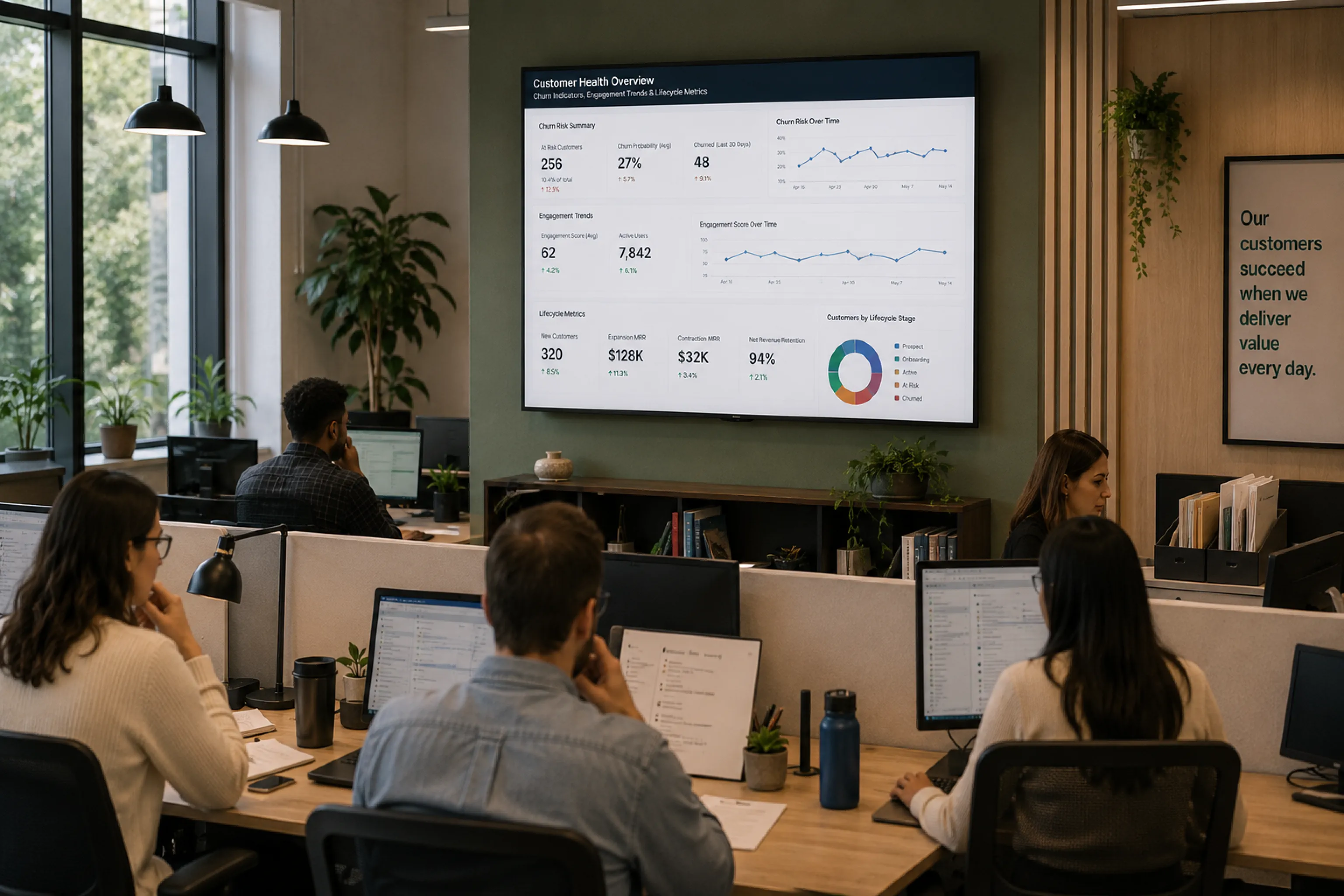 Customer success team in an open office with a customer-health-overview dashboard on a wall TV