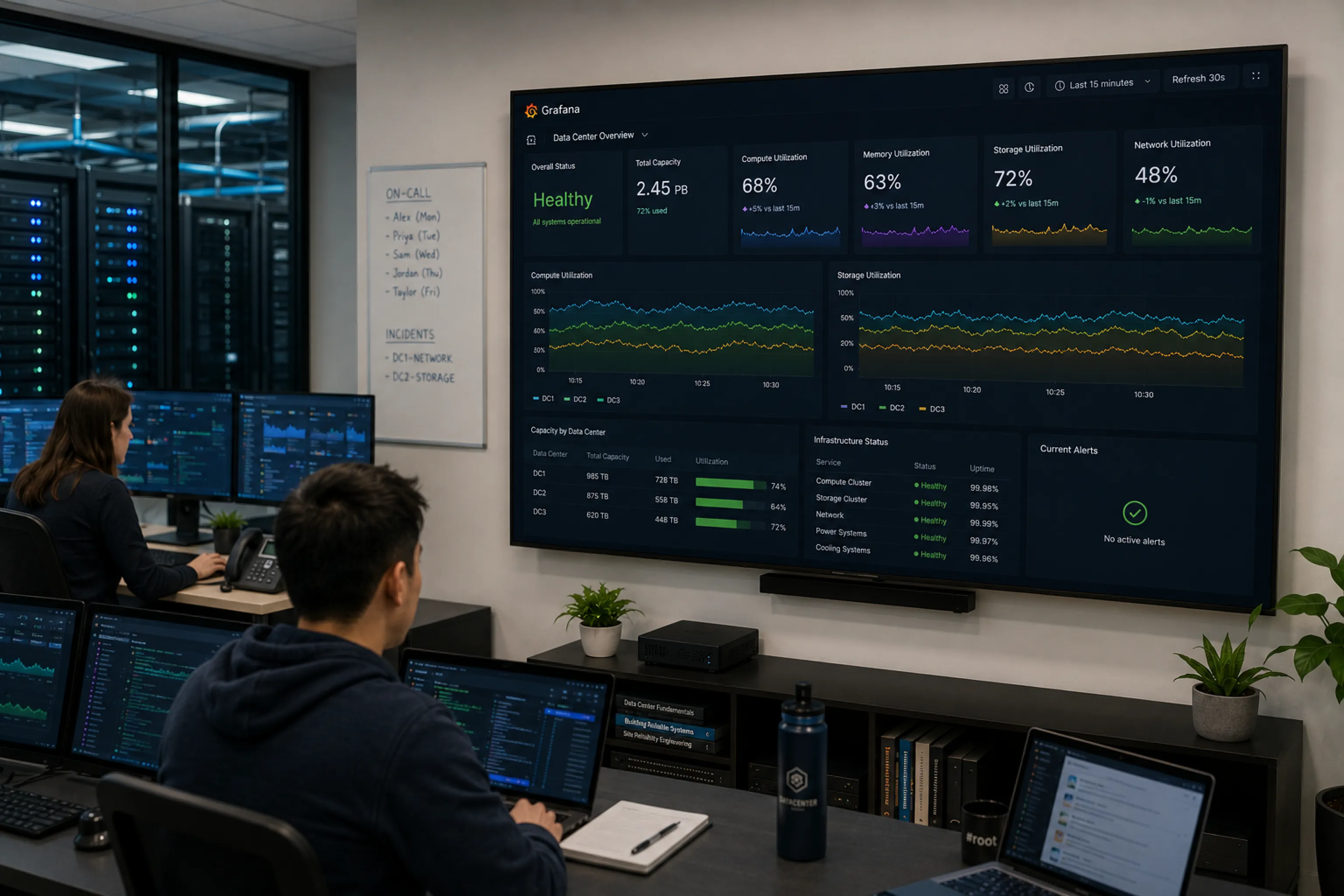 Data center operator monitoring a Grafana system-health dashboard on a wallboard