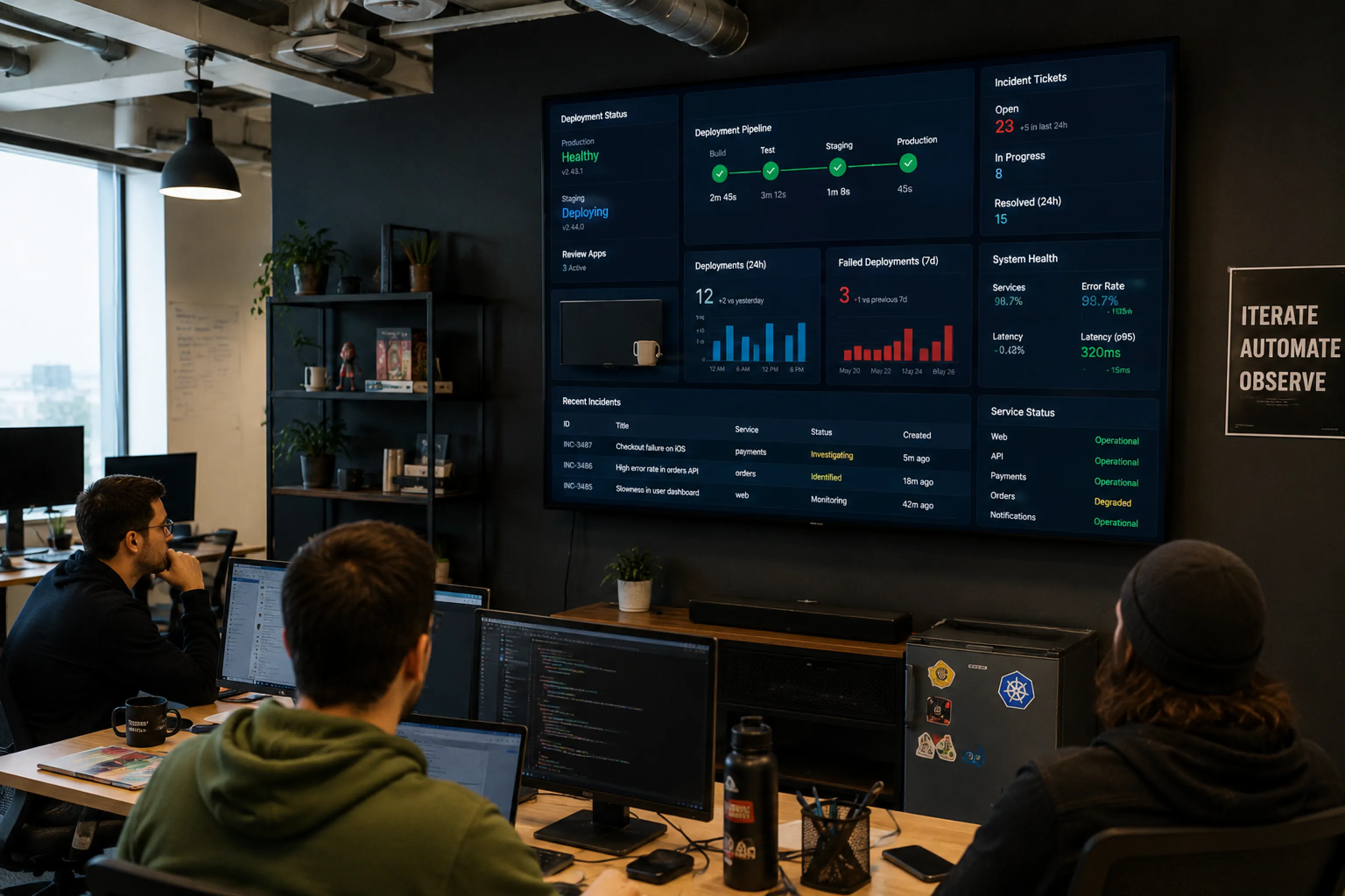 DevOps team at workstations with a wall-mounted TV showing deployment status, pipeline health, and service metrics