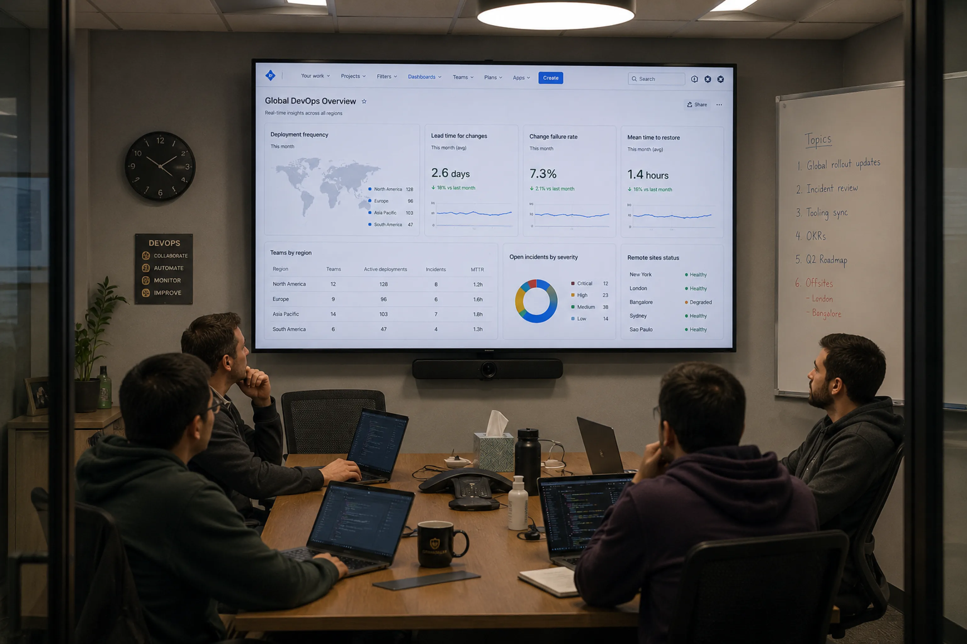 Engineering team in a meeting room reviewing a global operations overview dashboard on a wall-mounted screen