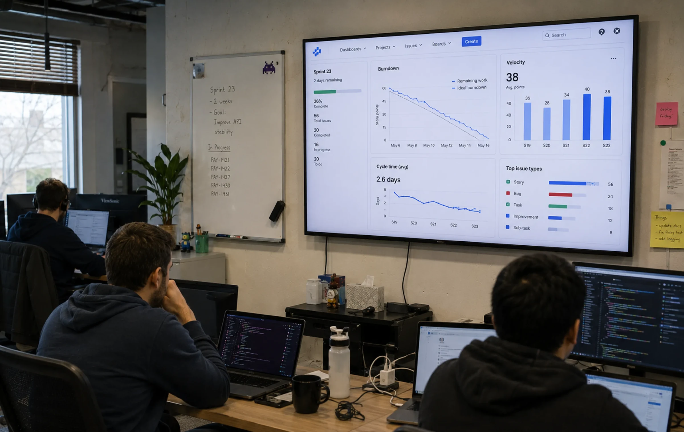 Engineering team workspace with a wall-mounted TV displaying Jira Sprint 23 burndown, velocity, and cycle time charts alongside sprint planning notes on a whiteboard