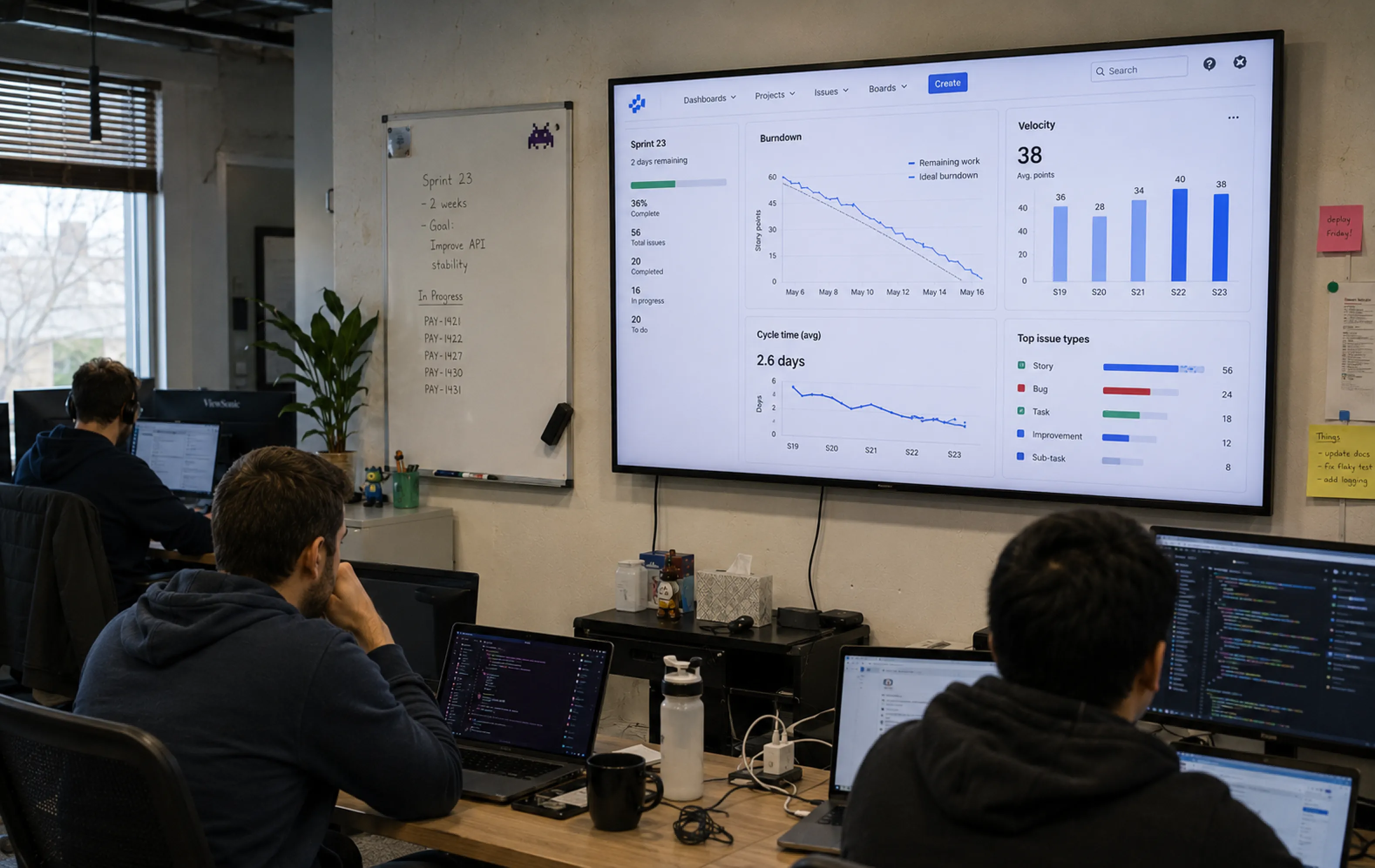 Engineering team workspace with a wall-mounted TV displaying Jira Sprint 23 burndown, velocity, and cycle time charts alongside sprint planning notes on a whiteboard