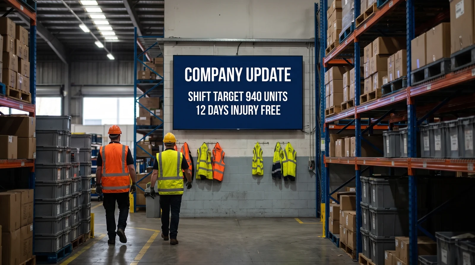 Warehouse workers in hi-vis walking past a wall-mounted screen showing a company update with the shift target and days injury free