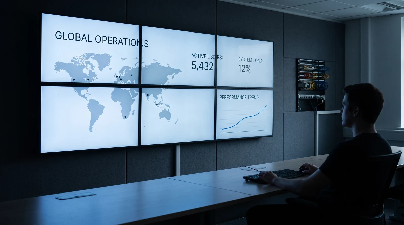Enterprise operations room where a custom six panel video wall shows one live global operations view driven by internal systems