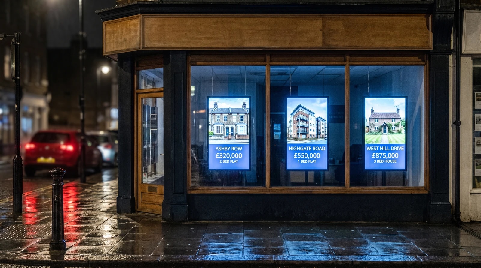 High street estate agency window seen from the pavement after hours, with three portrait digital displays showing property listings, street names, prices, and bed counts