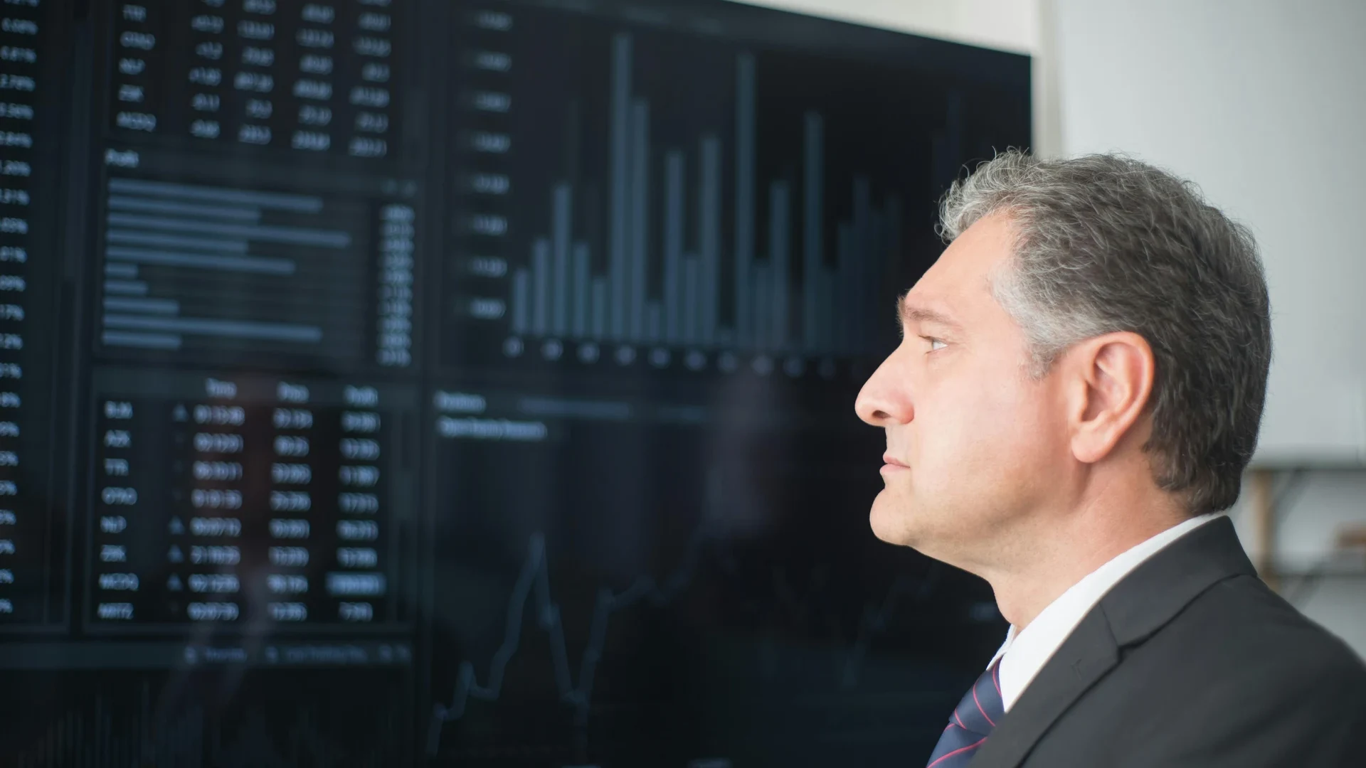 Executive in a suit reviewing a dark financial markets and KPI dashboard on a large screen in a leadership office