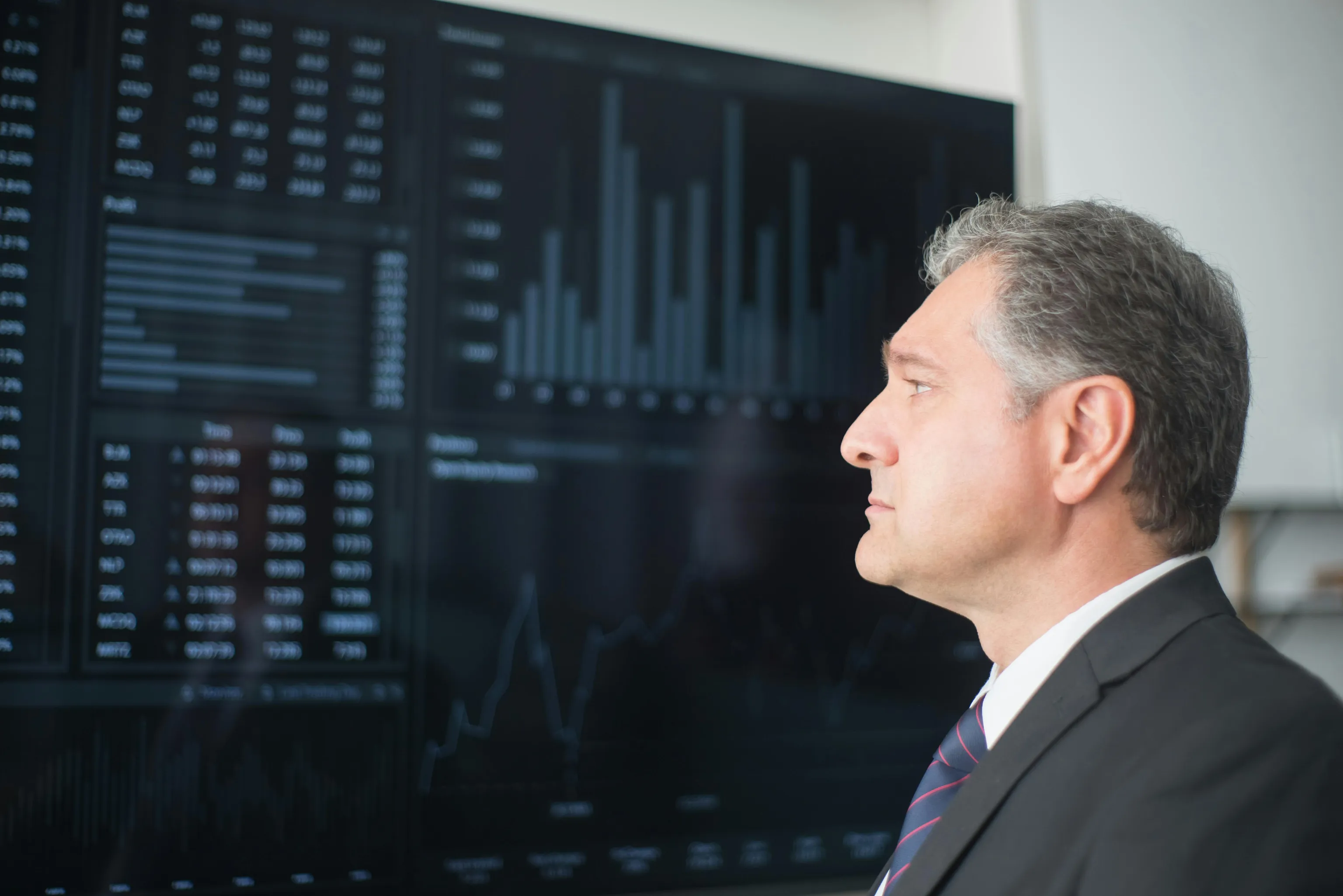Digital dashboard software showing a live KPI dashboard on an office TV screen