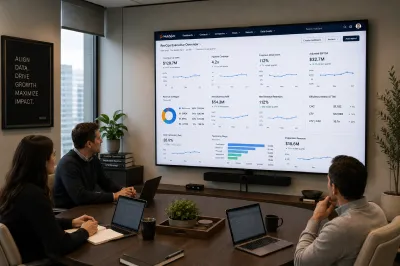 Leadership team in a boardroom reviewing a HubSpot executive KPI dashboard with growth metrics on a wall-mounted TV