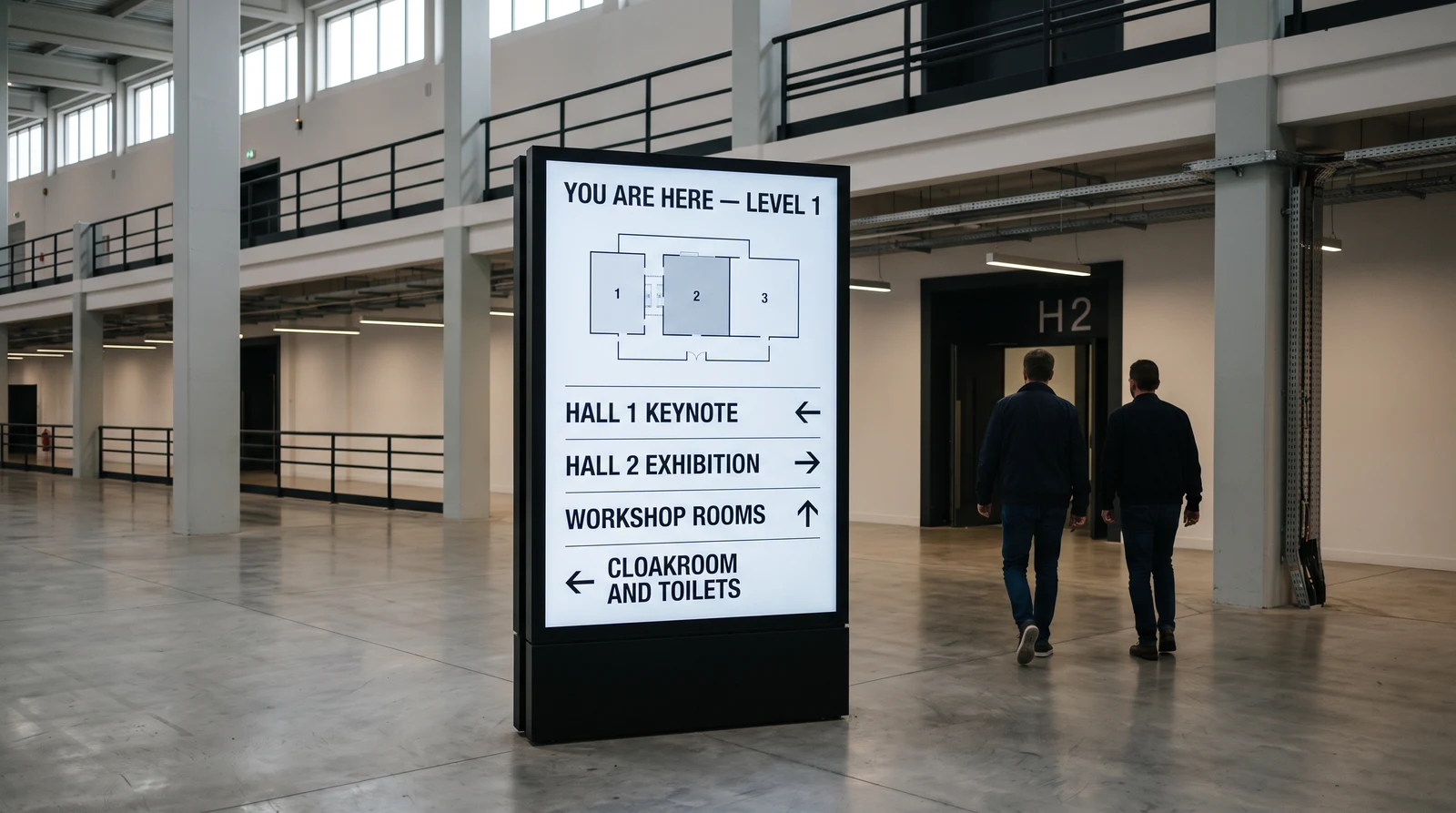 Freestanding Philips professional display running wayfinding signage in an exhibition centre concourse