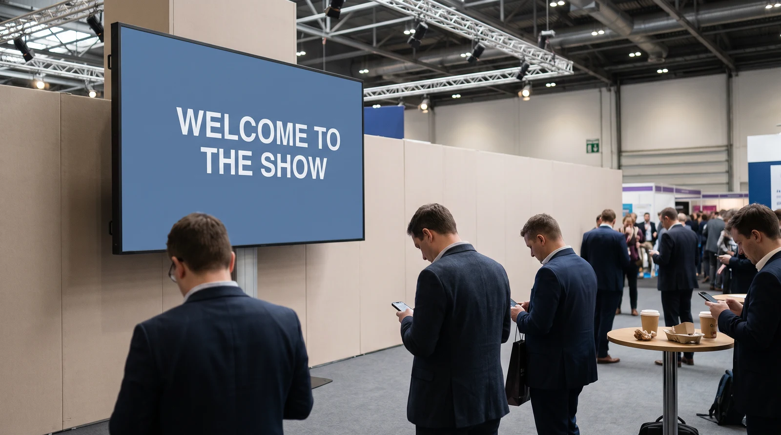 Trade show exhibition foyer where a wall-mounted screen loops a static “Welcome to the show” slide while attendees stand beside it scrolling their phones