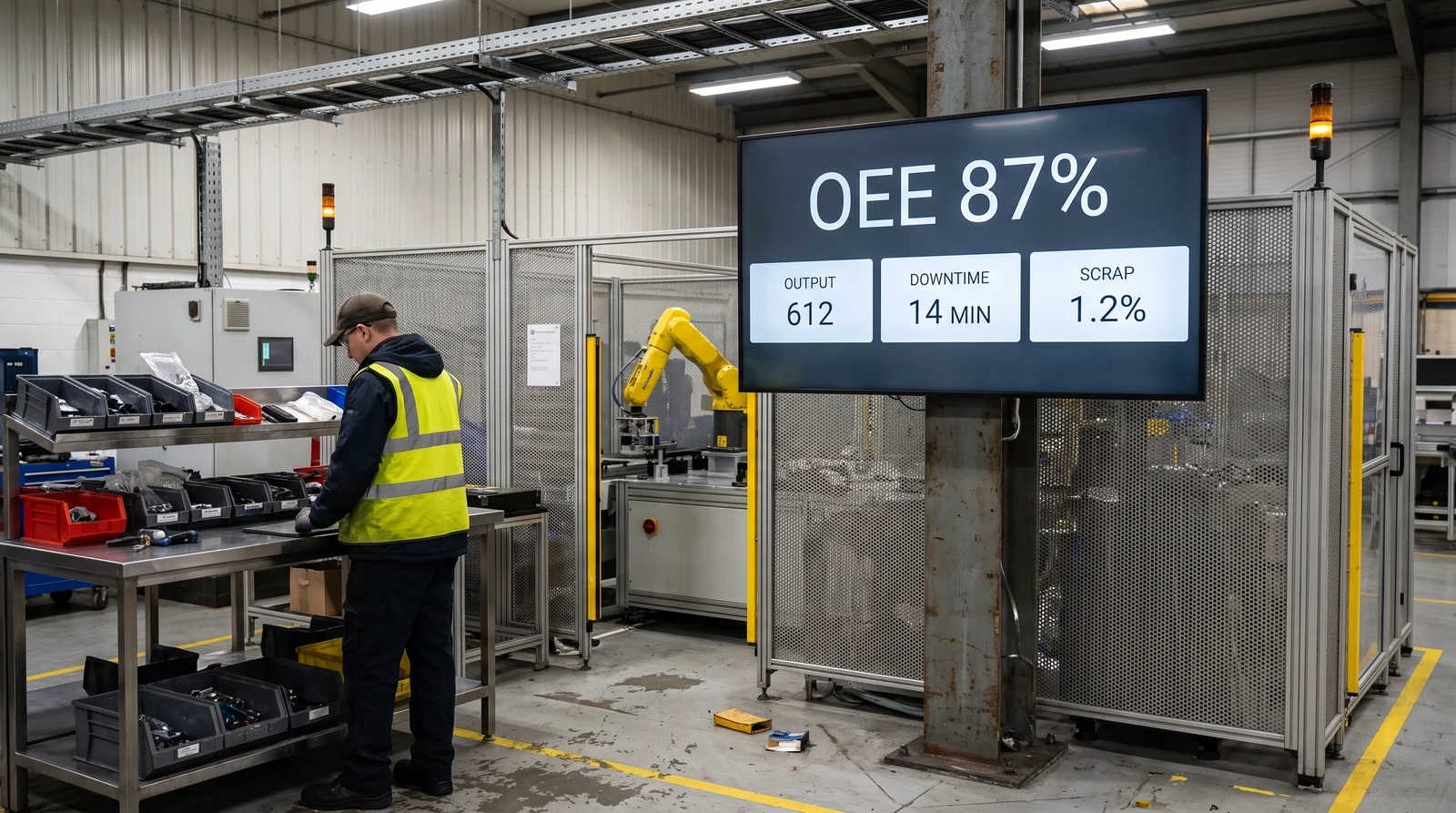 Factory floor digital screen showing real-time OEE dashboard with production rate and downtime metrics