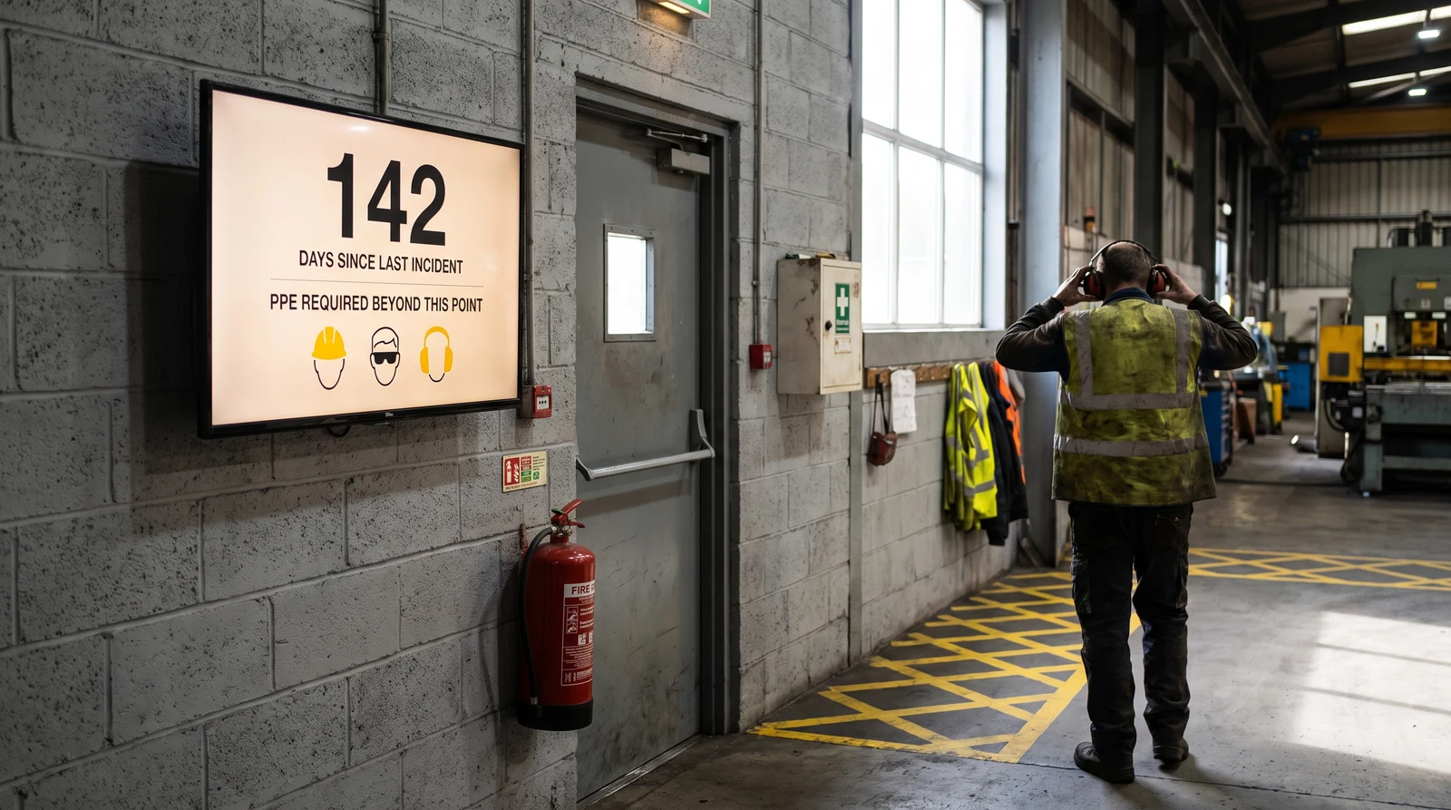 Back-of-house crew screen in a stadium showing a shift and safety board