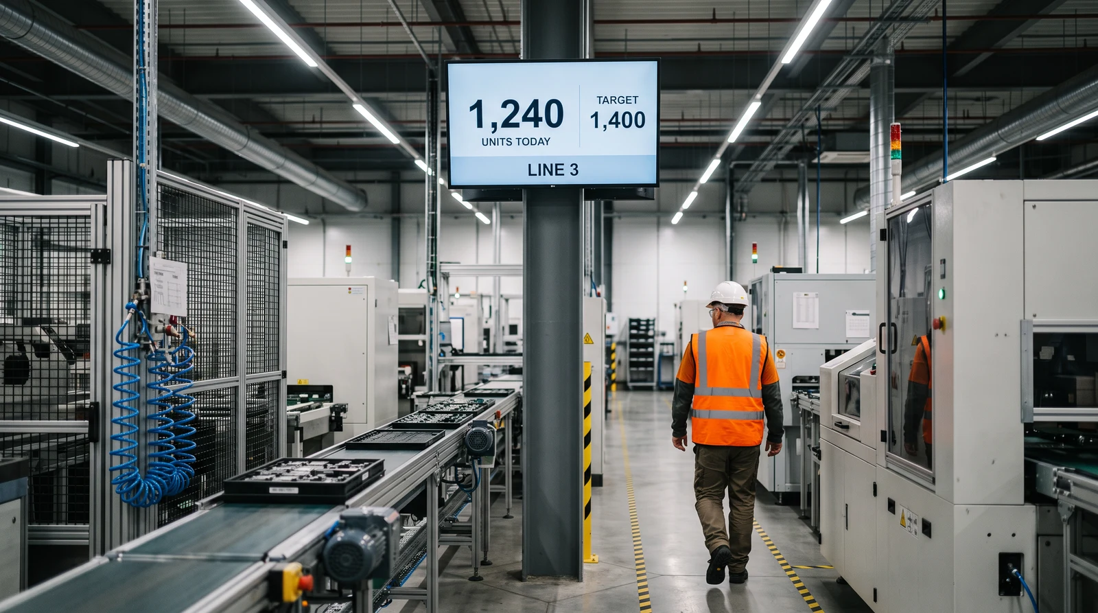 Factory production line with an overhead digital screen showing units produced today against the shift target for line 3