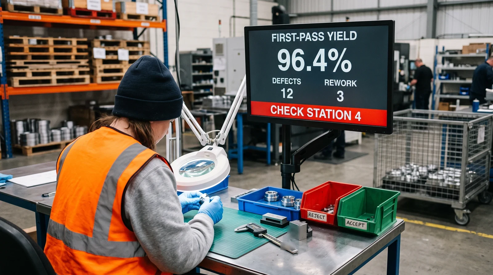 Factory inspection bench with a screen reading first-pass yield 96.4 percent and a check station 4 alert