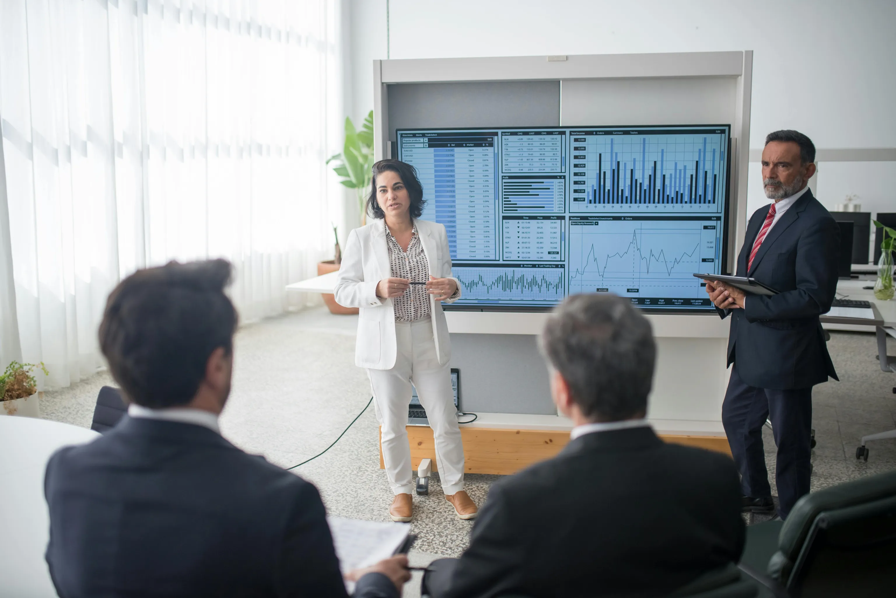 Finance team in a boardroom reviewing revenue and variance dashboards on a wall-mounted TV