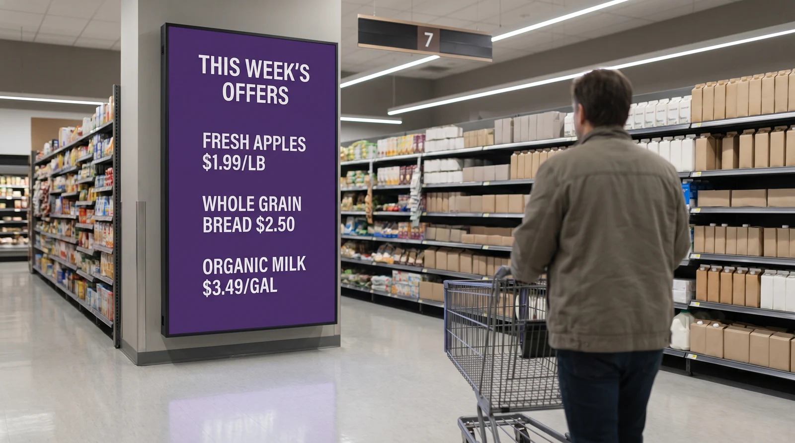 Supermarket aisle end-cap screen displaying this week’s offers with product names and prices