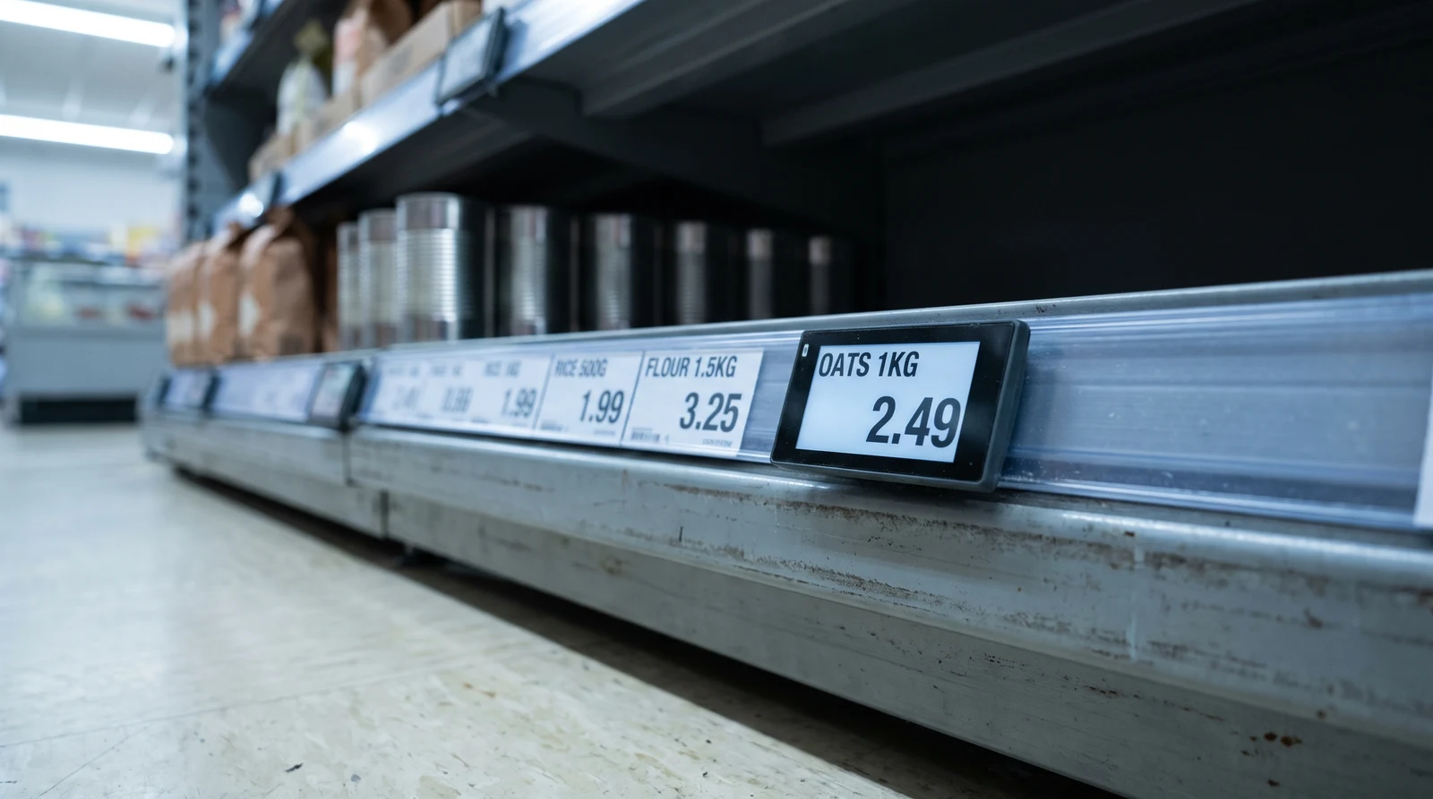 Grocery aisle shelf-edge display showing live product pricing synced from store system