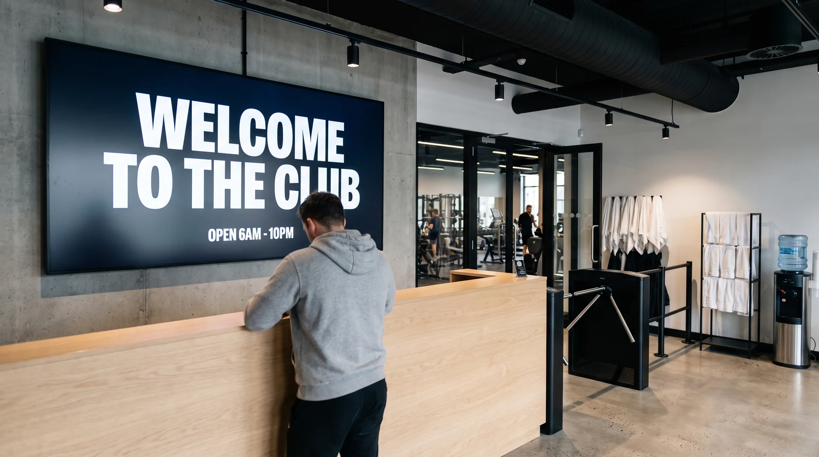 Gym reception desk with a large wall-mounted welcome screen showing club opening hours