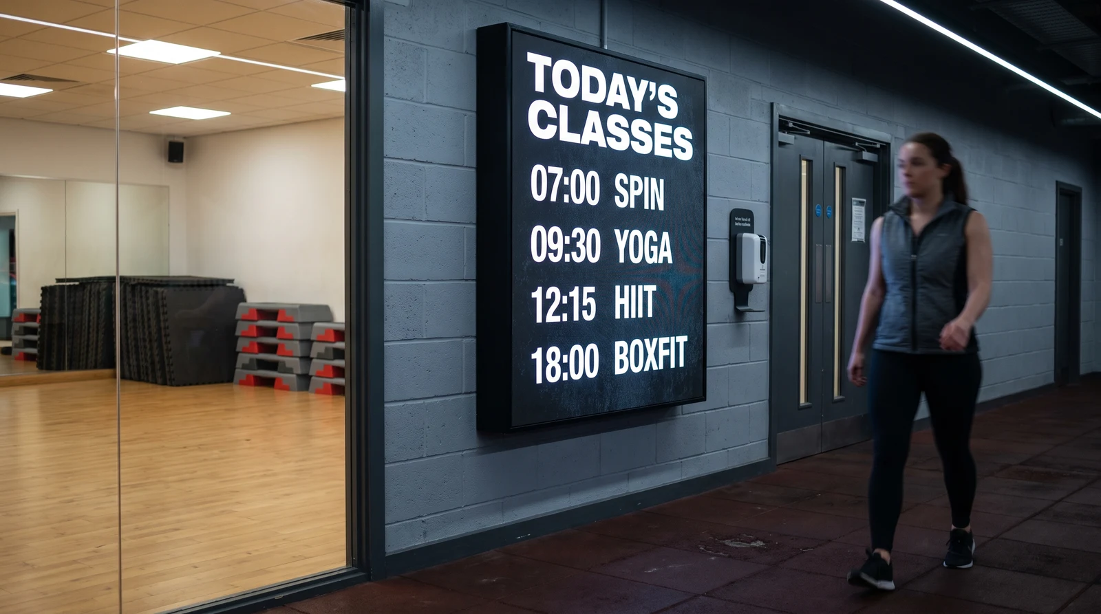 Screen outside a gym exercise studio showing today's class timetable with times and class names