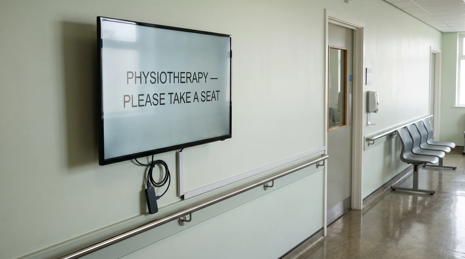 Wall-mounted screen in a hospital outpatient corridor with a small unbranded streaming stick and HDMI cable tucked behind the bracket