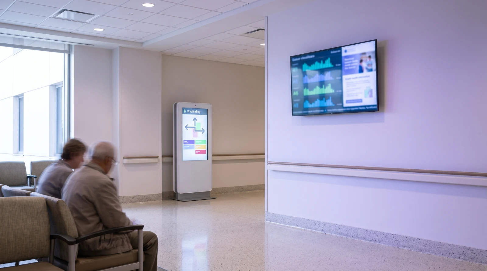 Healthcare digital signage in a hospital waiting room and clinic wayfinding
