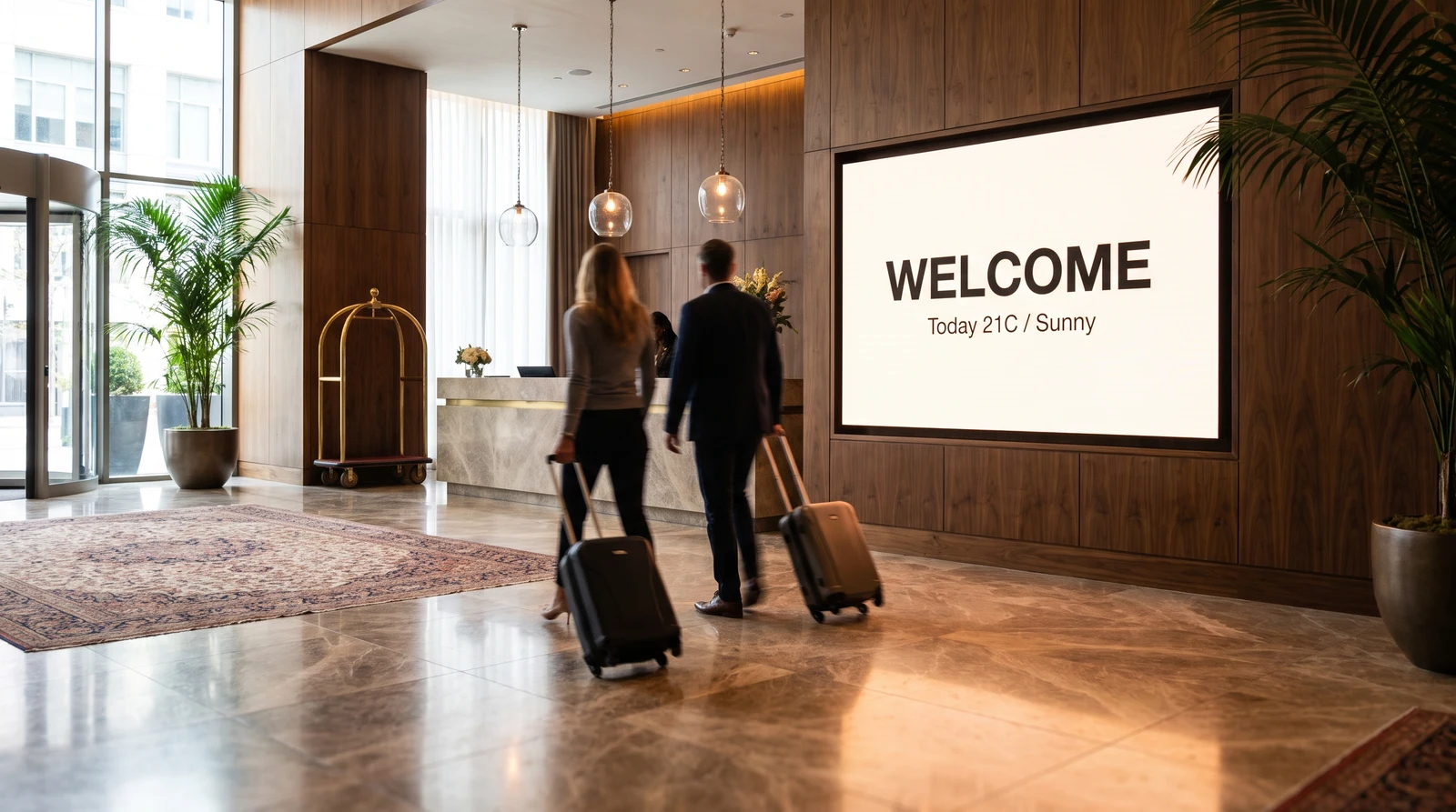 Hotel lobby with a large digital signage screen showing a guest welcome message and local weather as guests arrive at reception