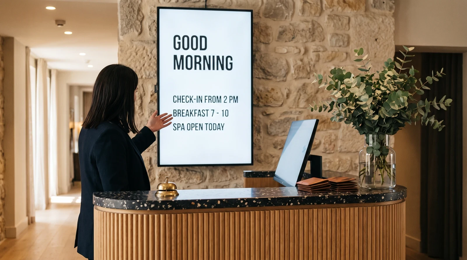 Hotel reception desk with a Mac-powered portrait welcome screen showing a Good Morning greeting and guest information