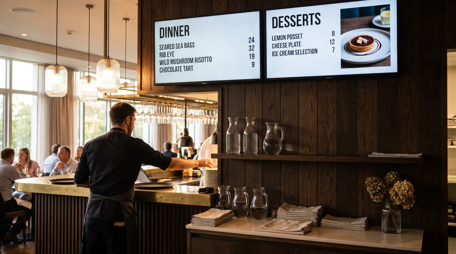 Wall-mounted digital menu boards above a restaurant and bar counter showing food and drink menus with prices