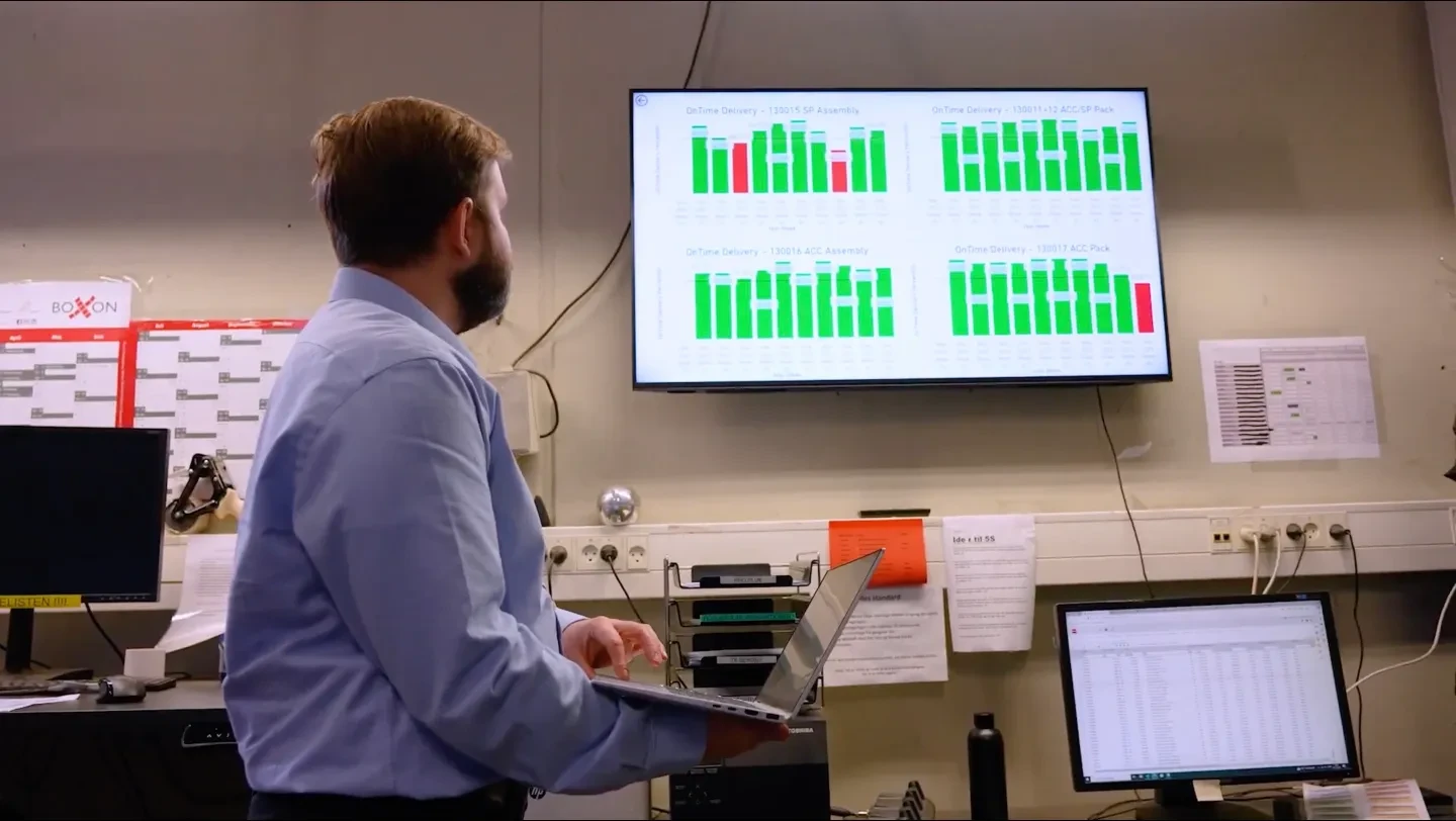Person interacting with a large touch-enabled digital signage display